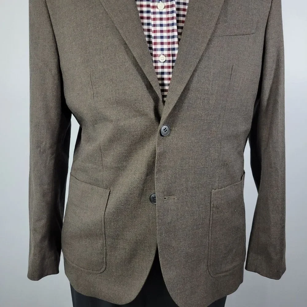 H&M Men's‎ Flannel Sport Coat Blazer Two Button Brown Poly Blend Regular Fit 42R